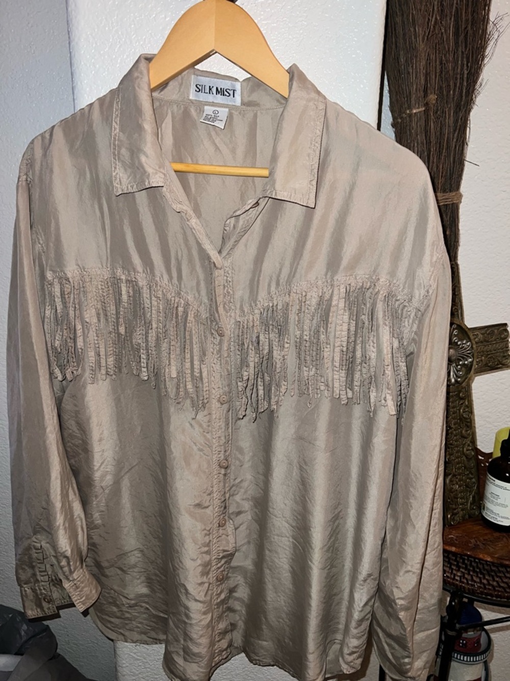 Silk Mist Taupe Fringe Button-Up Blouse